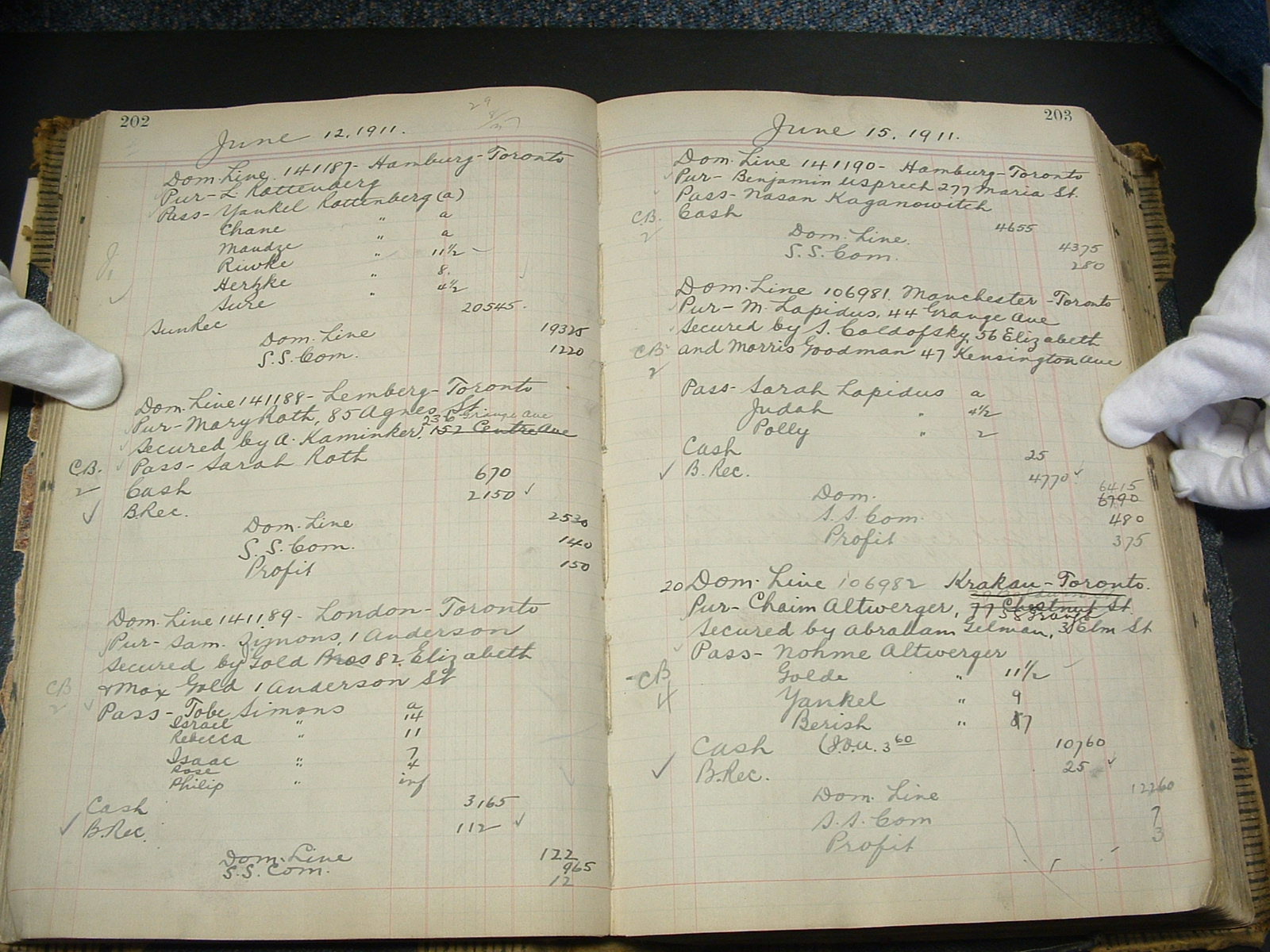 The Rotenberg steamship ledger helps trace the movement of Jewish immigrants to Toronto. On pages 202 and 203 from 1911, there is an entry for a man living at 44 Grange Avenue, who purchased passage to Toronto for his wife and two children. The fare was secured by residents living at 56 Elizabeth Street (in the Ward) and 47 Kensington Avenue. Photograph by Harvey and Adena Glasner.

OJA, MG 1. 
